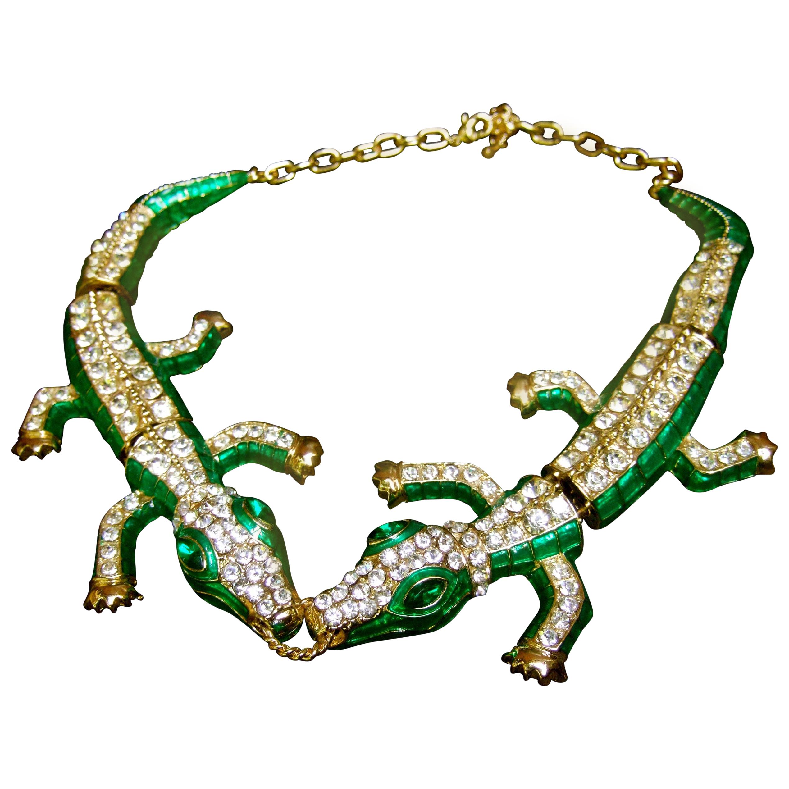 Crystal Enamel Articulated Gilt Metal Alligator Necklace circa 21st C