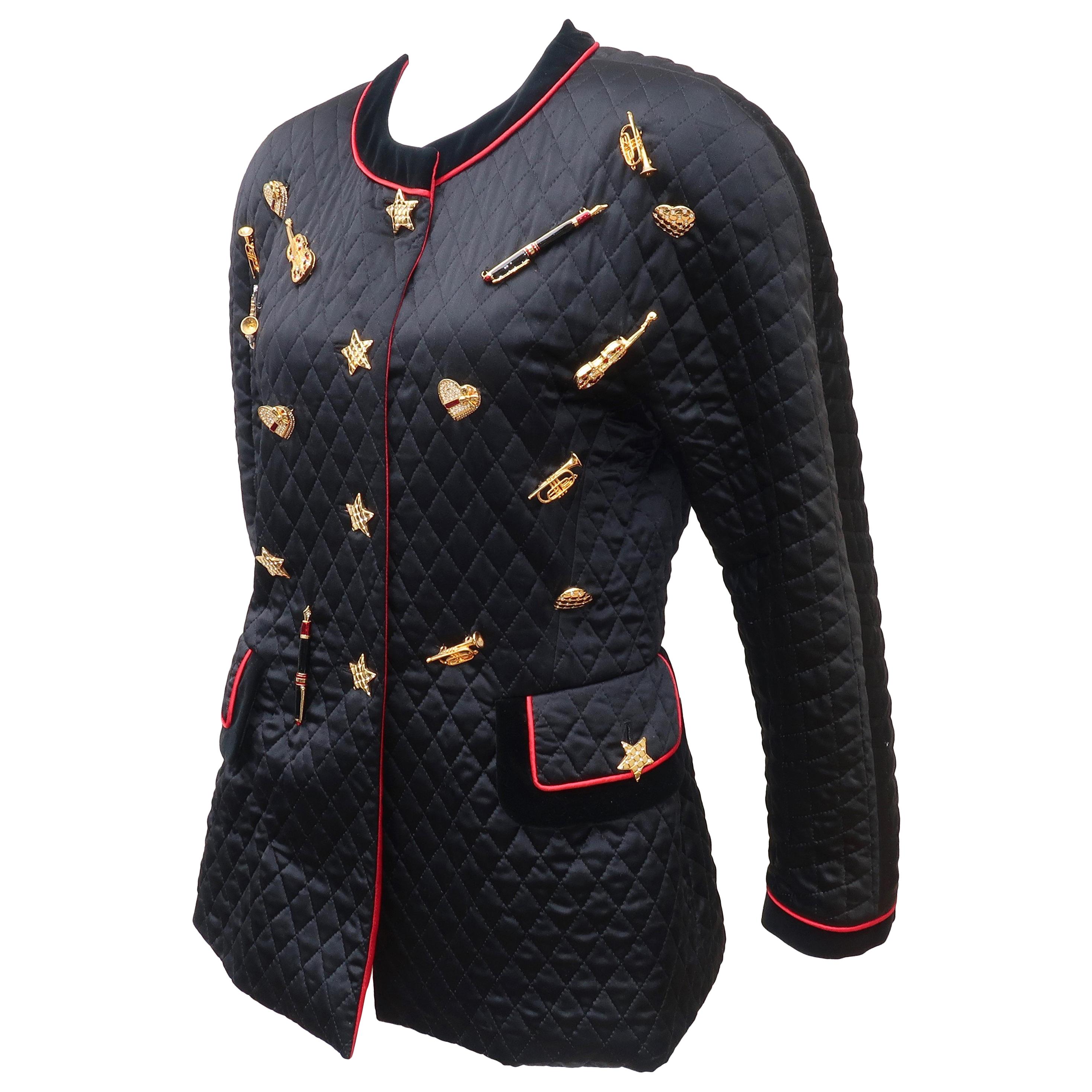 C.1990 Escada Black Silk Satin Quilted Jacket With Brooch Charms