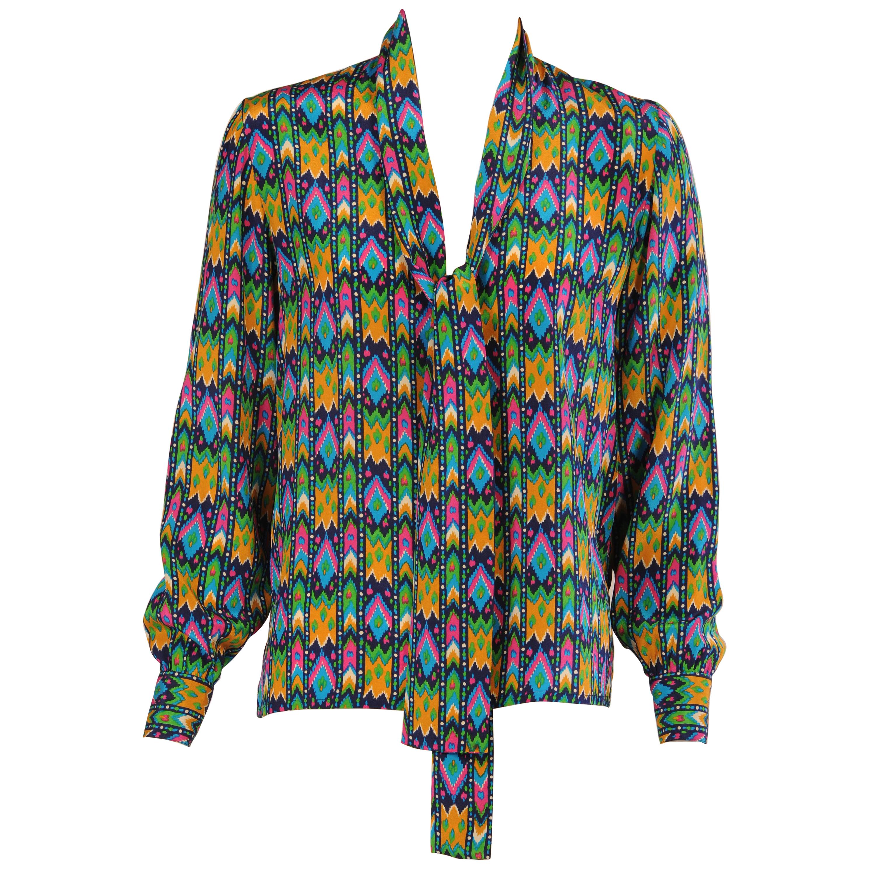 Yves Saint Laurent Colorful Silk Print Tunic Blouse with Tie Collar