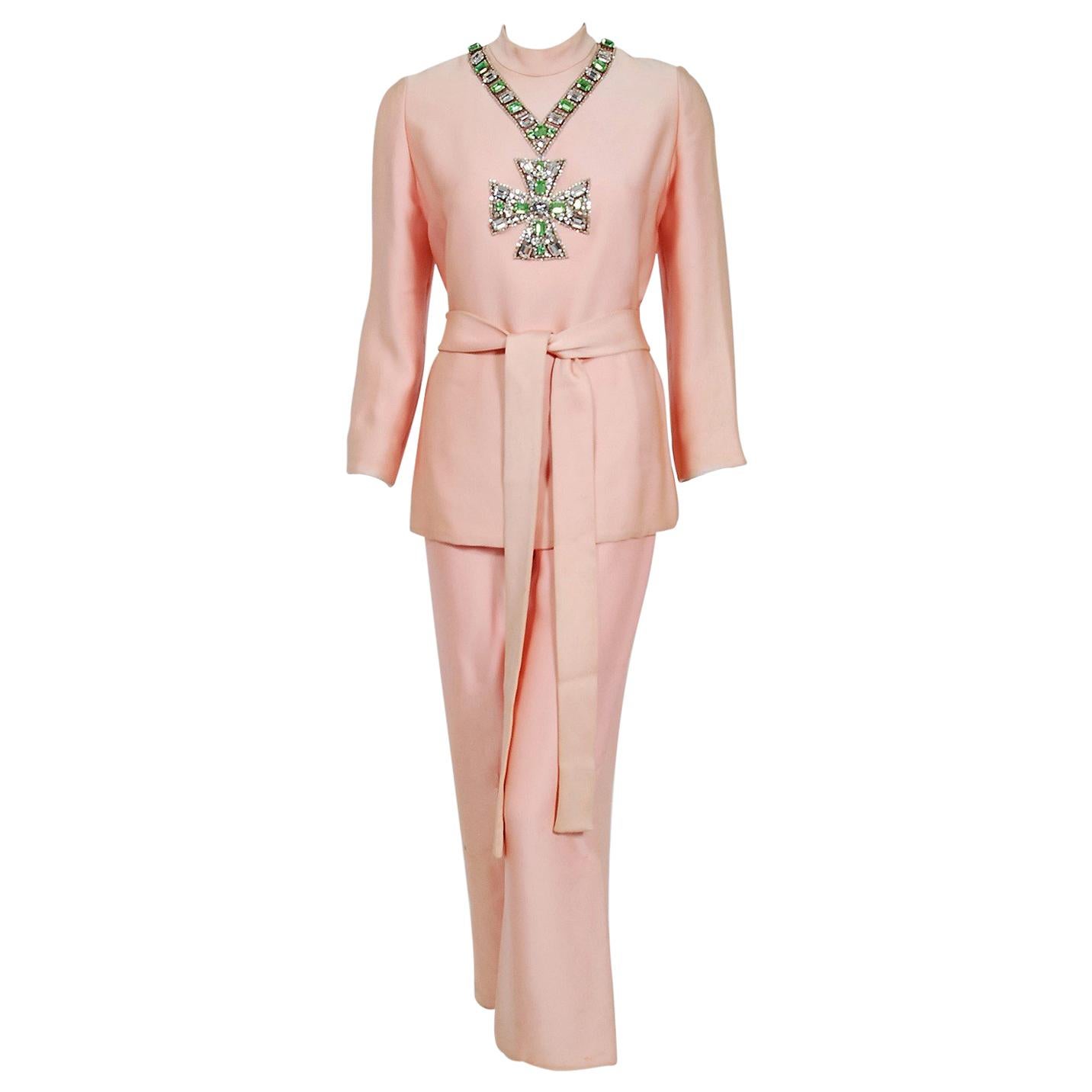 1968 Norman Norell Light-Pink Silk Jeweled Maltese Cross Belted Tunic Pantsuit 