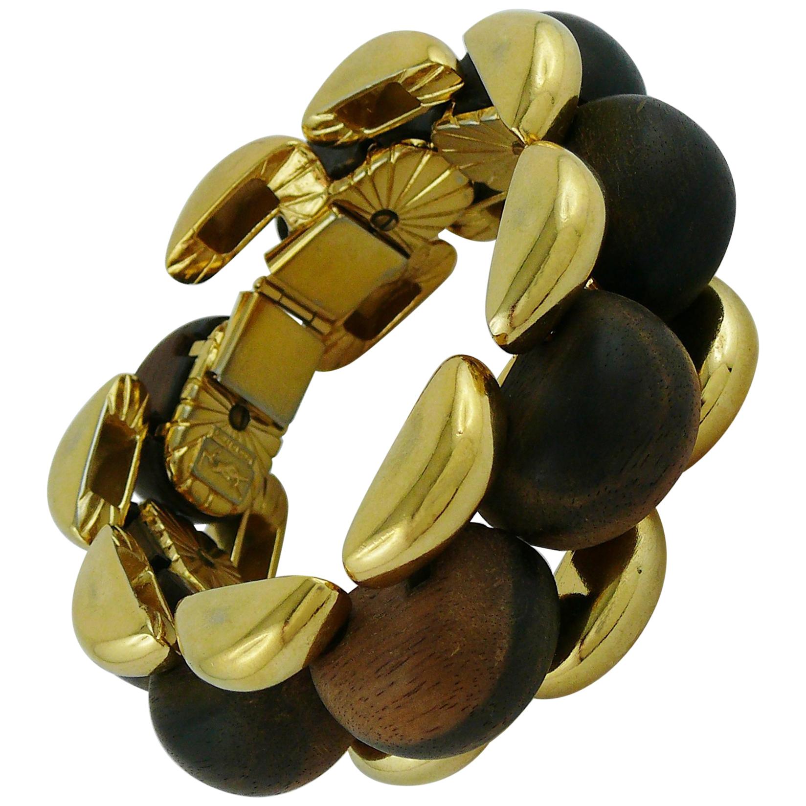 Yves Saint Laurent YSL Vintage Gold Toned and Wood Bold Link Bracelet