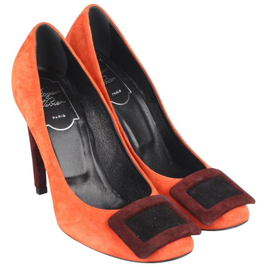Roger Vivier Orange Color Block Suede Belle Pumps Heels Size 35.5