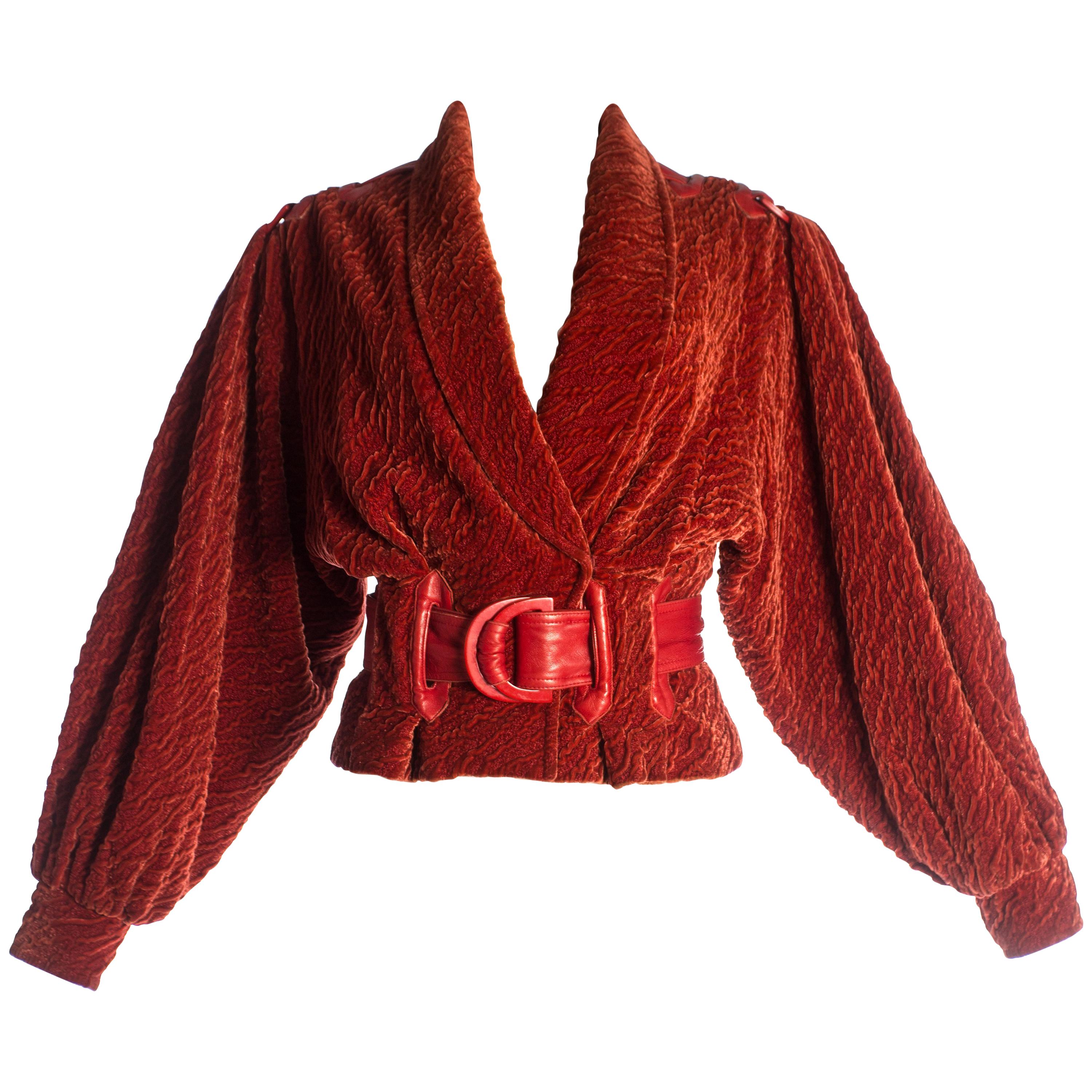 Elizabeth Wessel red velvet and leather bomber jacket, c. 1980-1989 For Sale