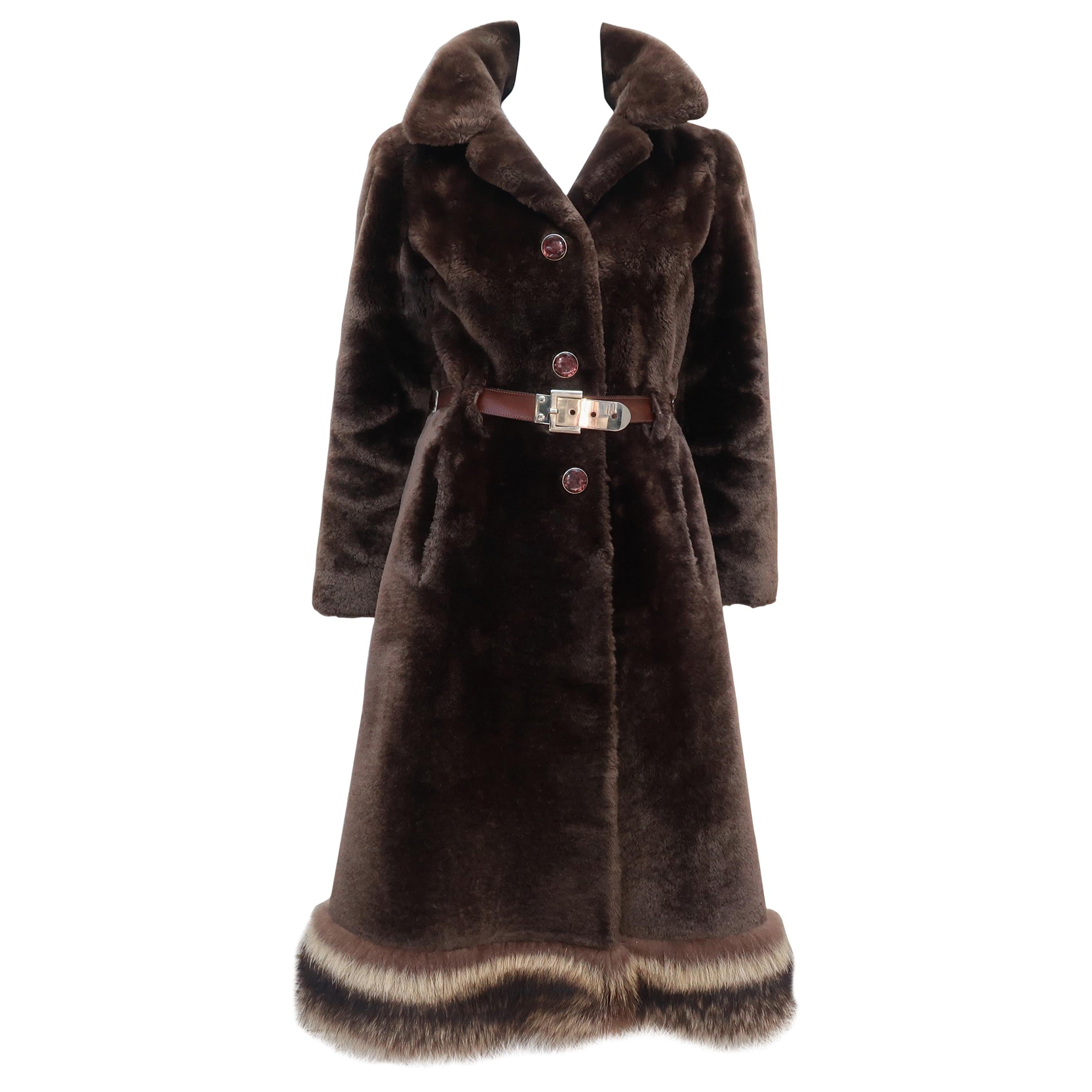 1960's Revillon Brown Mouton Sheepskin Belted Coat With Fur Trim