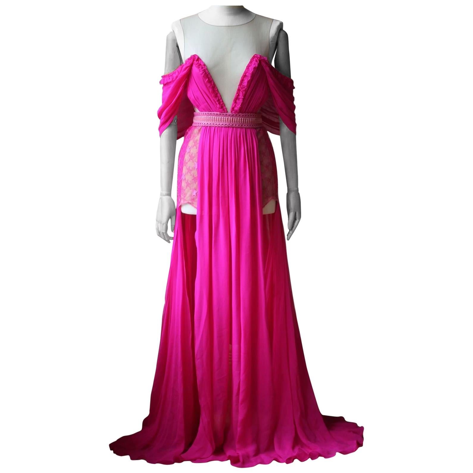 Aadnecik French Lace Silk Chiffon Gown with Leather Detail 
