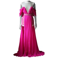 Aadnecik French Lace Silk Chiffon Gown with Leather Detail 