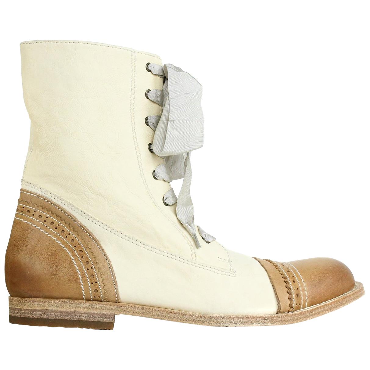 Brunello Cucinelli Ivory Brown Leather Lace Up Boots For Sale