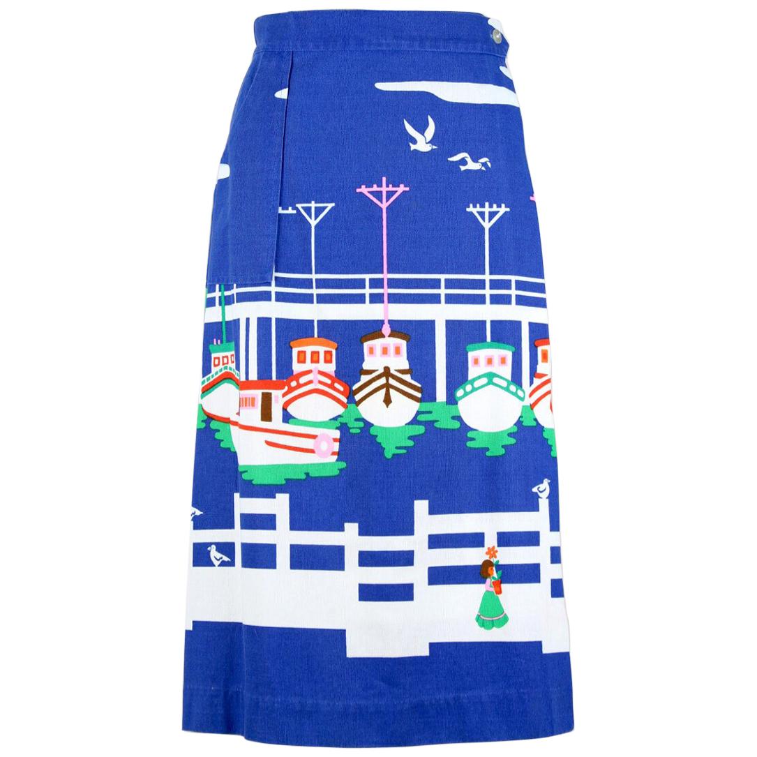 Malia of Honolulu Hawaiian Cobalt Blue Cotton Nautical Print Wrap Skirt, 1970s