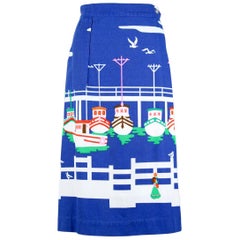 Vintage Malia of Honolulu Hawaiian Cobalt Blue Cotton Nautical Print Wrap Skirt, 1970s