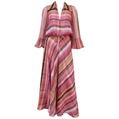 1970's Alice Blaine Striped Chiffon Two Piece Maxi Dress