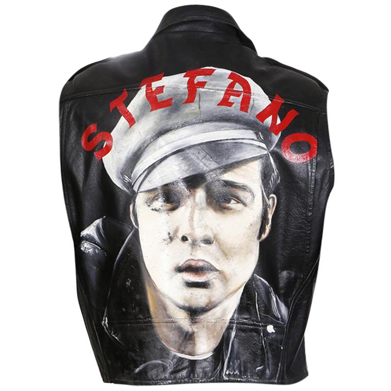 Stephen Sprouse Sleeveless Leather Motorcycle Jacket with Marlon Brando Portrait