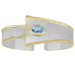  Yianni Creations Fine Silver 24 Karat Yellow Gold Aquamarine Bangle Bracelet