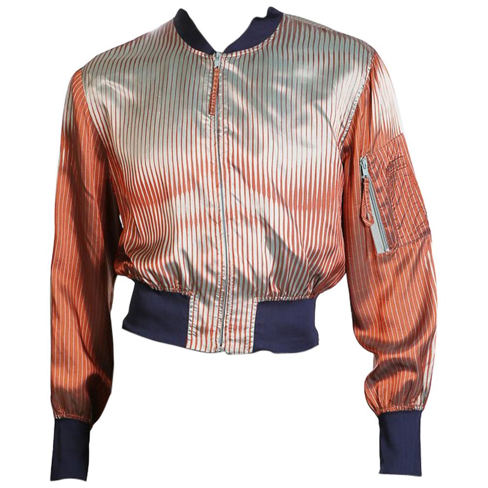 Jean Paul Gaultier Olive and Rust Graphic Print Satin Bomber Jacket, circa 1990s