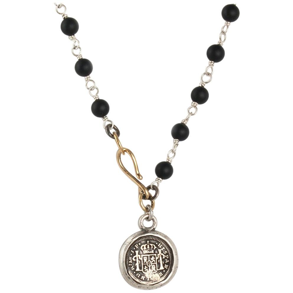 Small Spanish Conquistador Coin Black Onyx Necklace For Sale