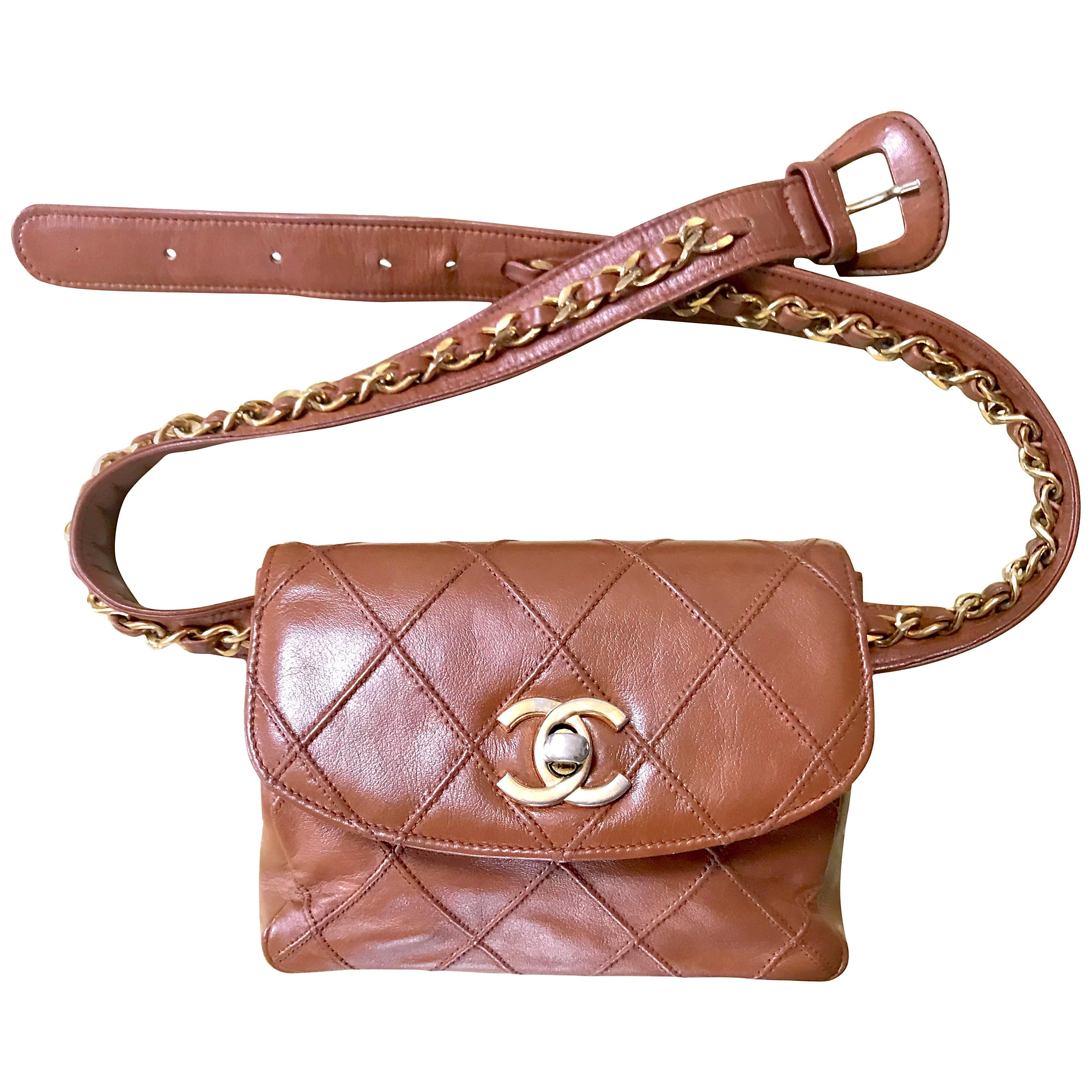 Chanel Vintage brown leather waist purse fanny pack hip bag with . Belt bag. For Sale