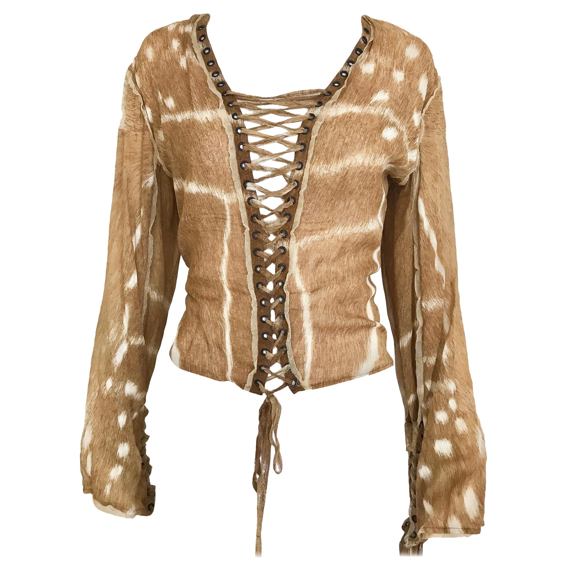 Yves Saint Laurent Brown and White  Silk Print Lace Up Blouse 