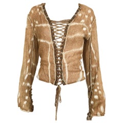 Yves Saint Laurent Brown and White  Silk Print Lace Up Blouse 
