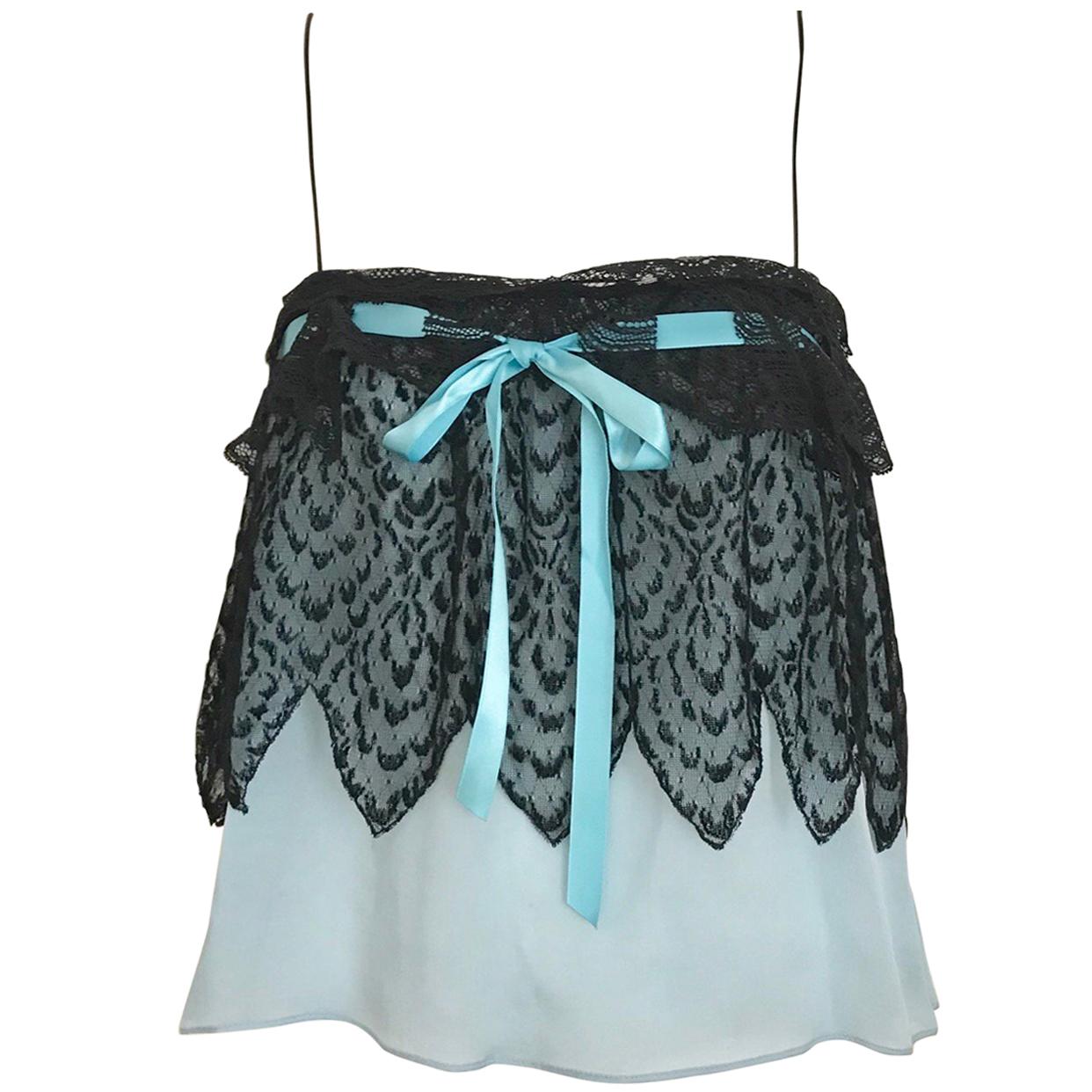 Yves Saint Laurent Blue and Black Silk Lace Spaghetti Strap Blouse