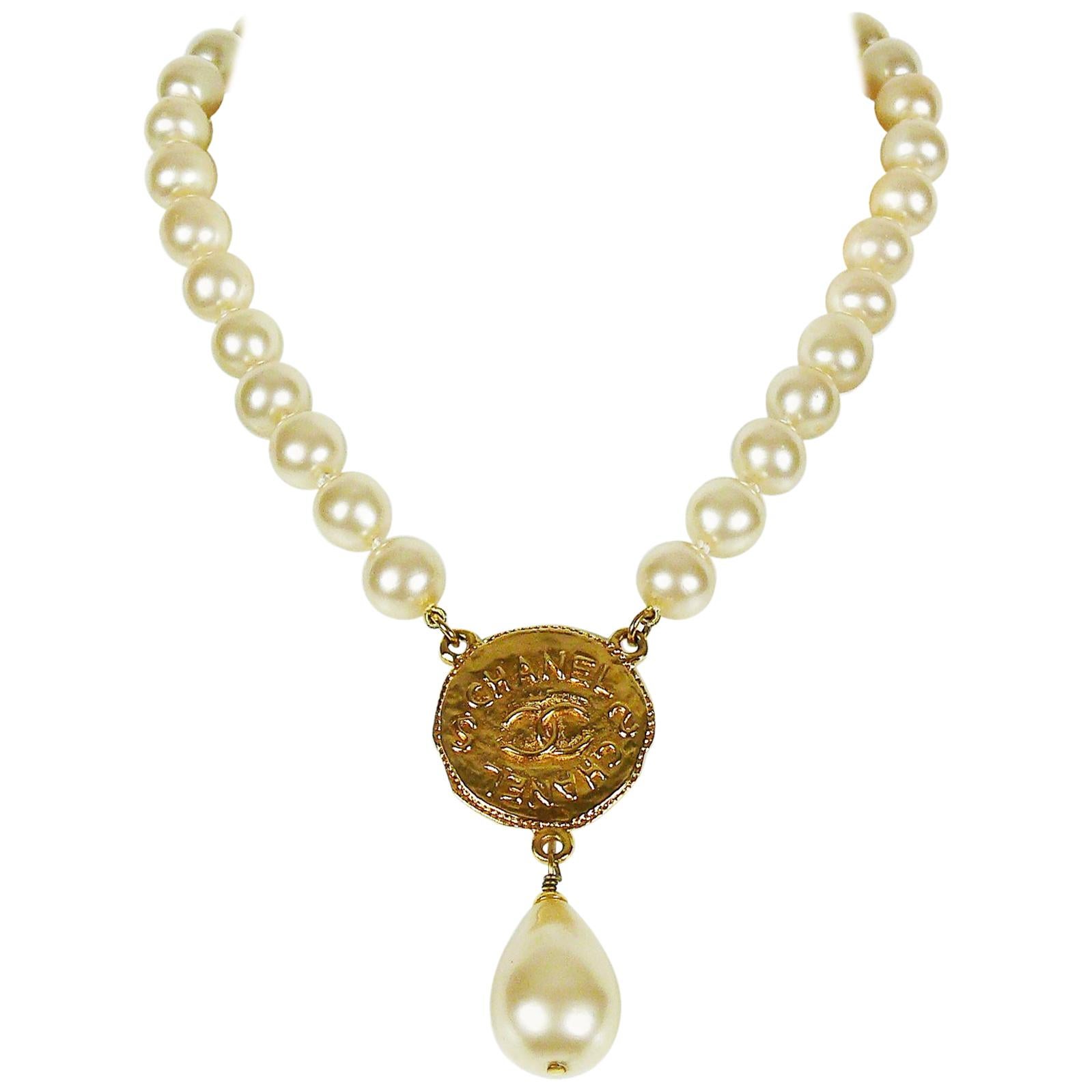 Chanel Vintage Pearl Necklace with CC Logo Coin Medallion, 1994 