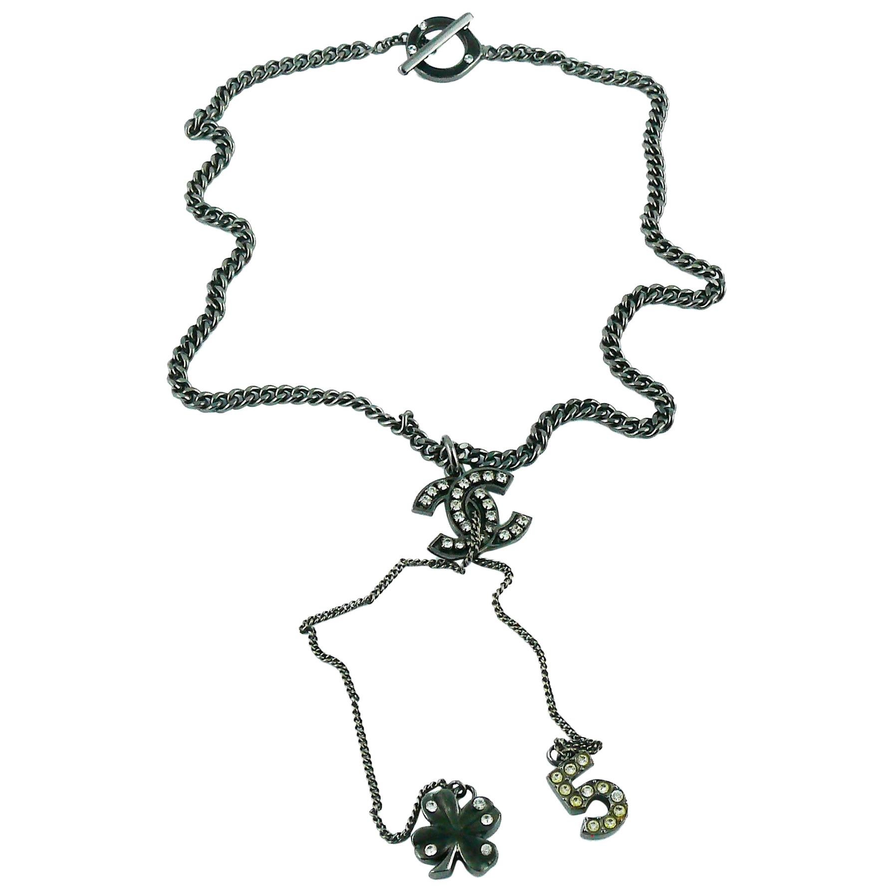 Chanel Ruthenium CC Pendant Necklace with N°5 and Clover