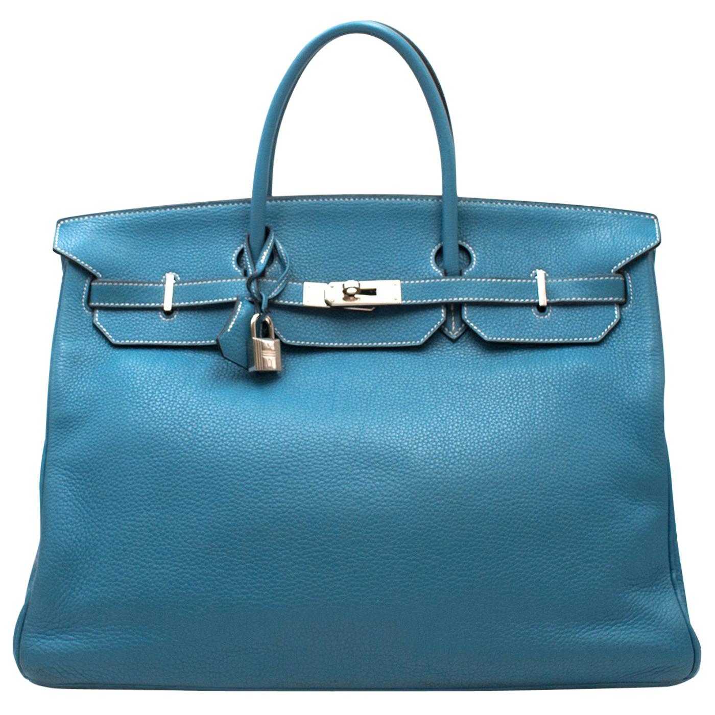 Hermes Blue Jean Clemence Leather 40cm Birkin Bag  For Sale