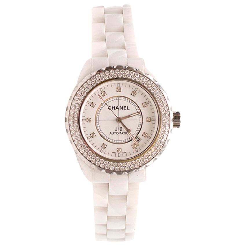 Chanel J12 White Ceramic Diamond Bezel Watch  For Sale