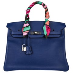 Hermes Birkin 35 Bag Blue Sapphire Ltd Ed w/ Toile Printed Sea Surf Fun Interior