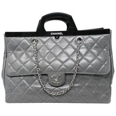 Chanel Black Resin Handle Grey Calfskin Leather Large Shopping Tote