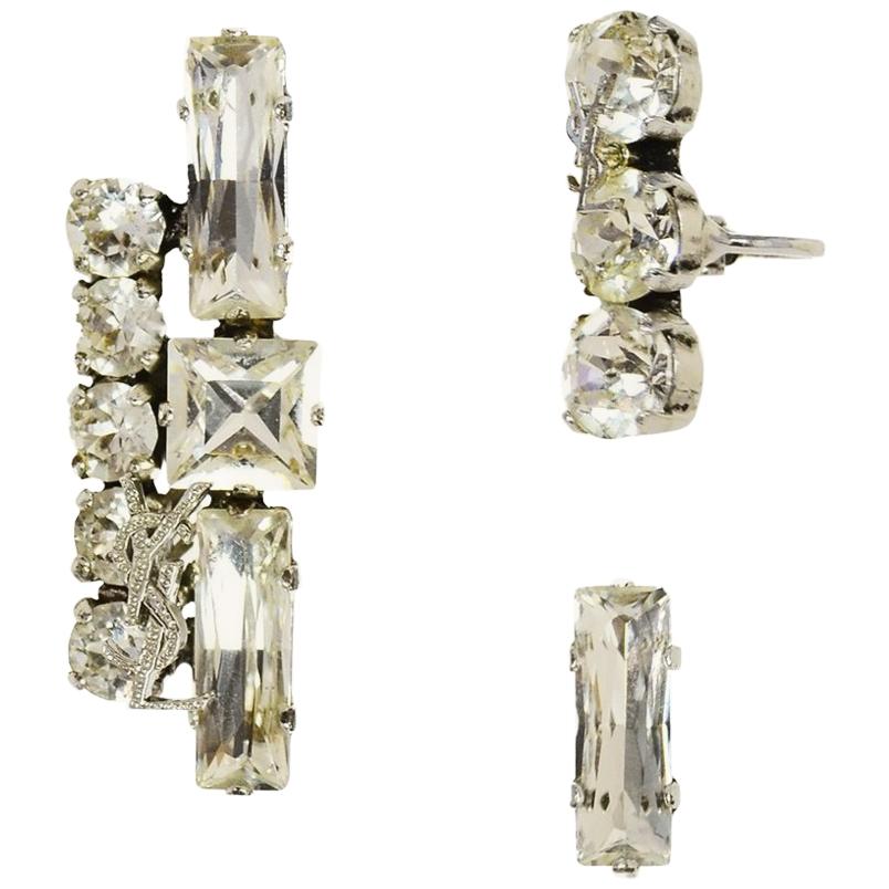 Saint Laurent Silvertone Crystal Smoking Set of Three Clip Earrings 