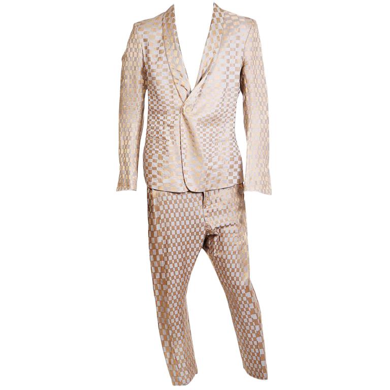 Haider Ackerman Suit with Oscillating Checkered Pattern in Gold and Grey