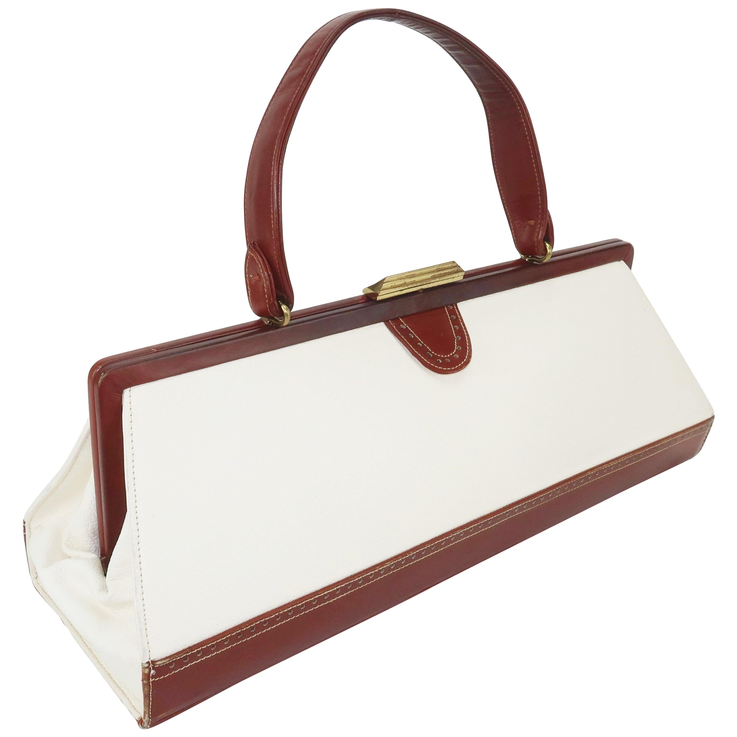 Elongated 1950’s J. Miller White & Brown Leather Spectator Handbag