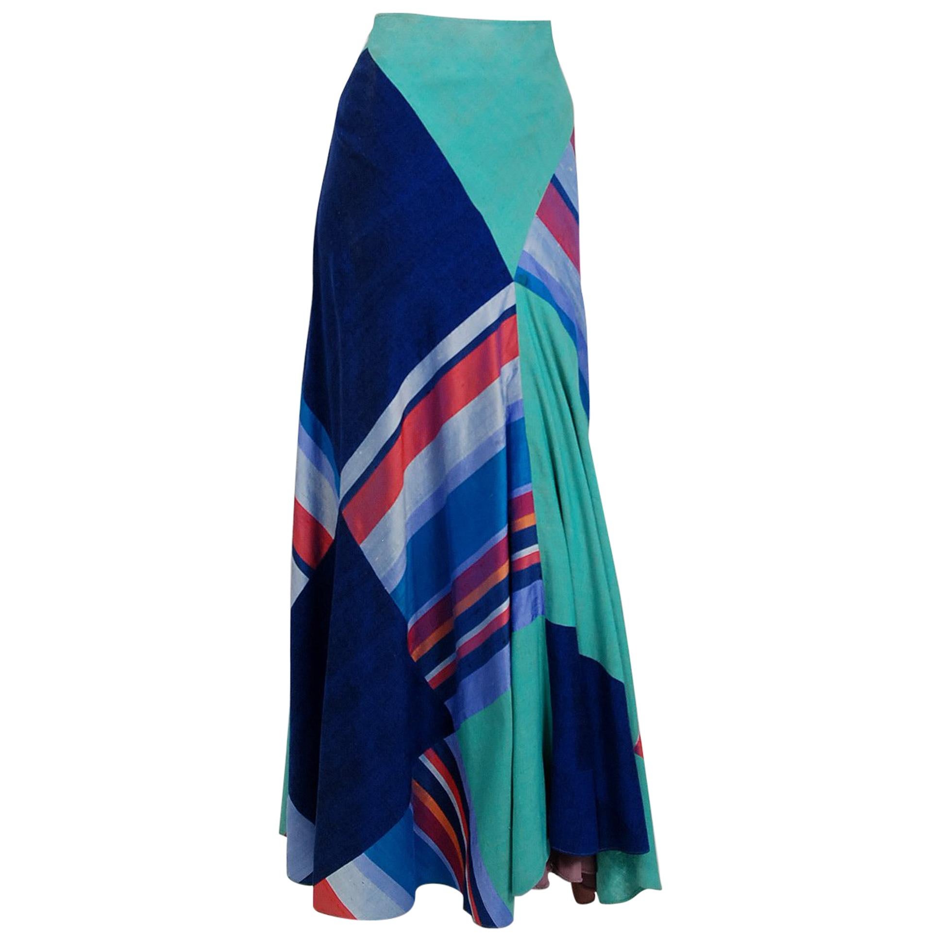 1970 Thea Porter Couture Colorful Patchwork Silk Bohemian Bias-Cut Maxi Skirt