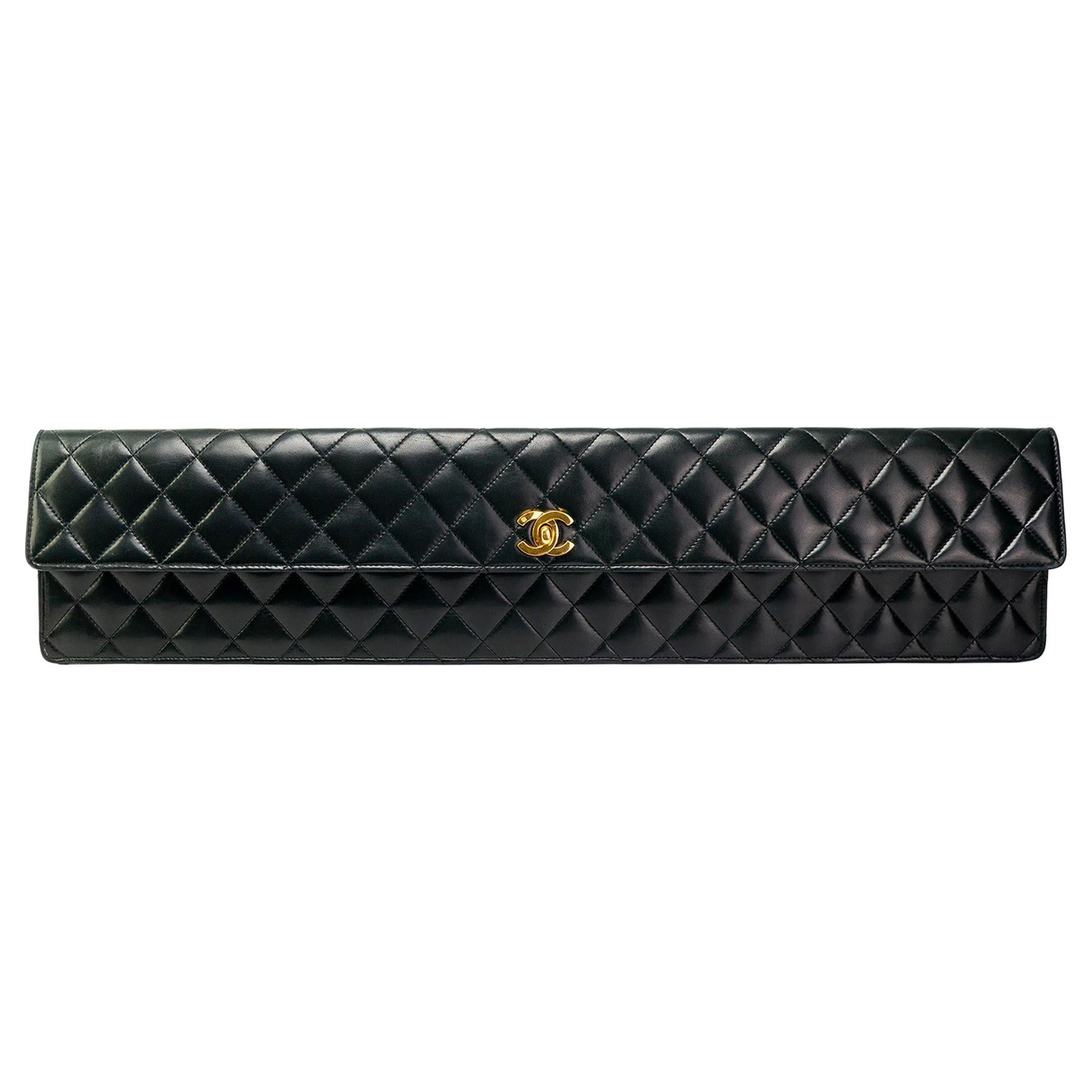 Chanel 1989 Black Lambskin Extra Long Elongated Classic Flap Clutch For Sale
