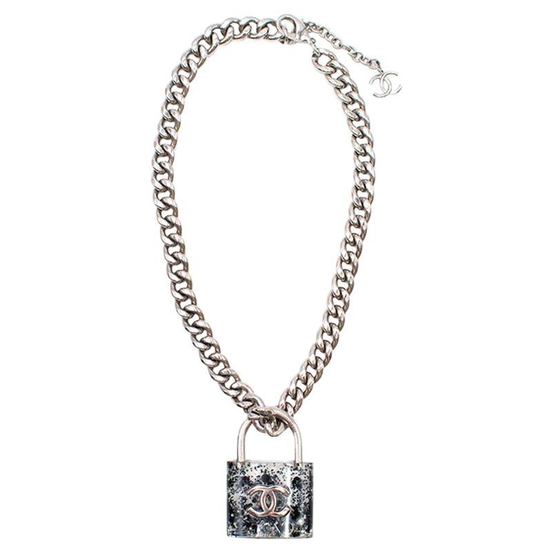 Chanel Silver-tone CC Resin Padlock Necklace