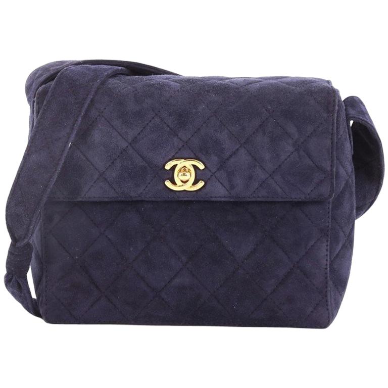 Chanel Vintage Top Handle Flap Bag Quilted Suede Small