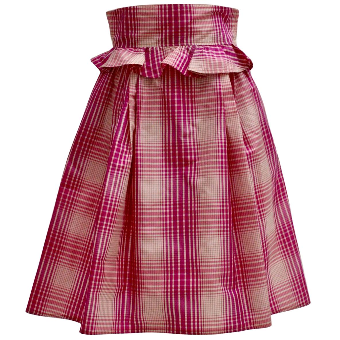 Silk Pink White Checker Vintage High Waist Skirt by Emanuel Ungaro 1980s Paris For Sale