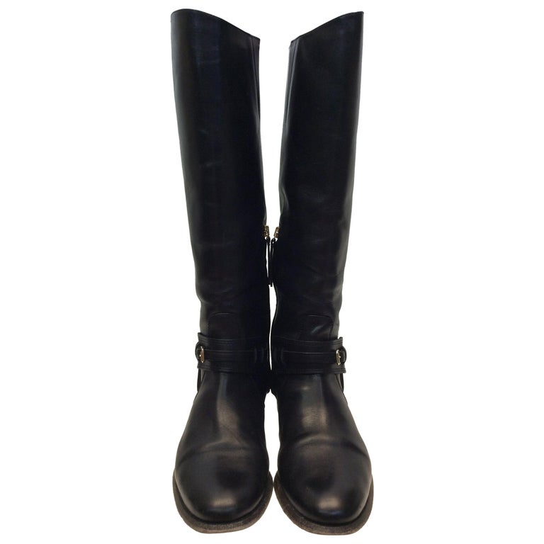 Burberry Black Leather Knee-High Boots For Sale at 1stdibs