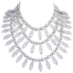 Silver, Clear Glass Drops and Freshwater Pearls Triple Strand Statement Necklace