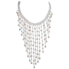 Vintage Butler & Wilson Silver Faux Pearl Crystal Aurora Borealis Bead Bib Necklace