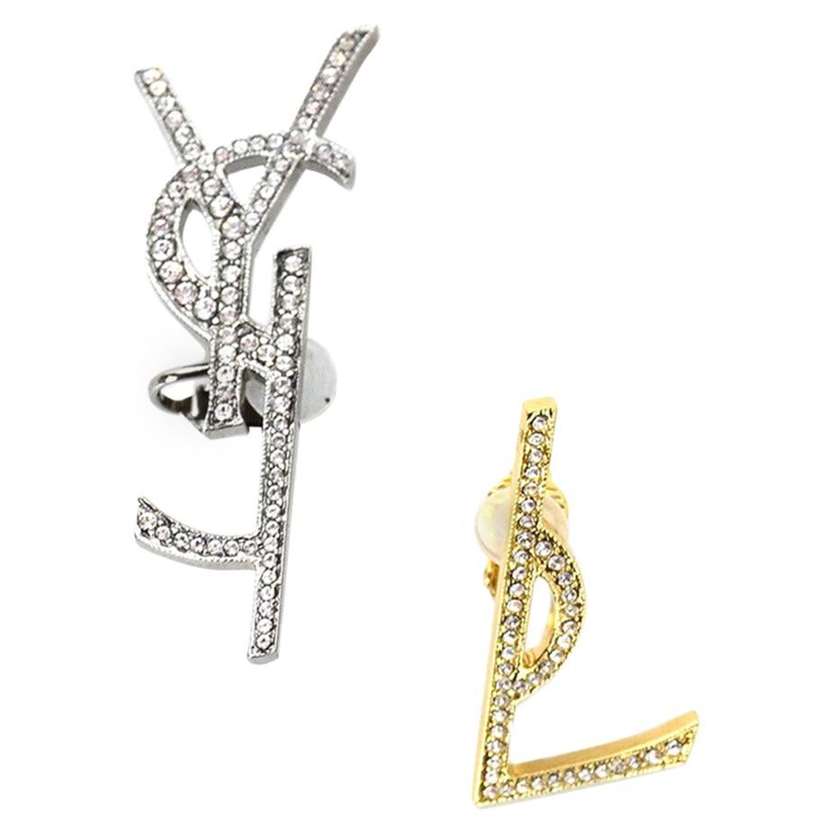 Saint Laurent Silver and Gold Tone Crystal Embellished Monogram Clip On Earrings