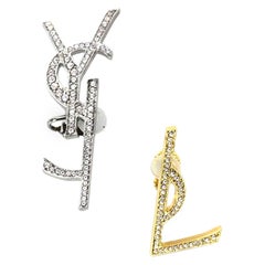 Saint Laurent Silver and Gold Tone Crystal Embellished Monogram Clip-On Earrings