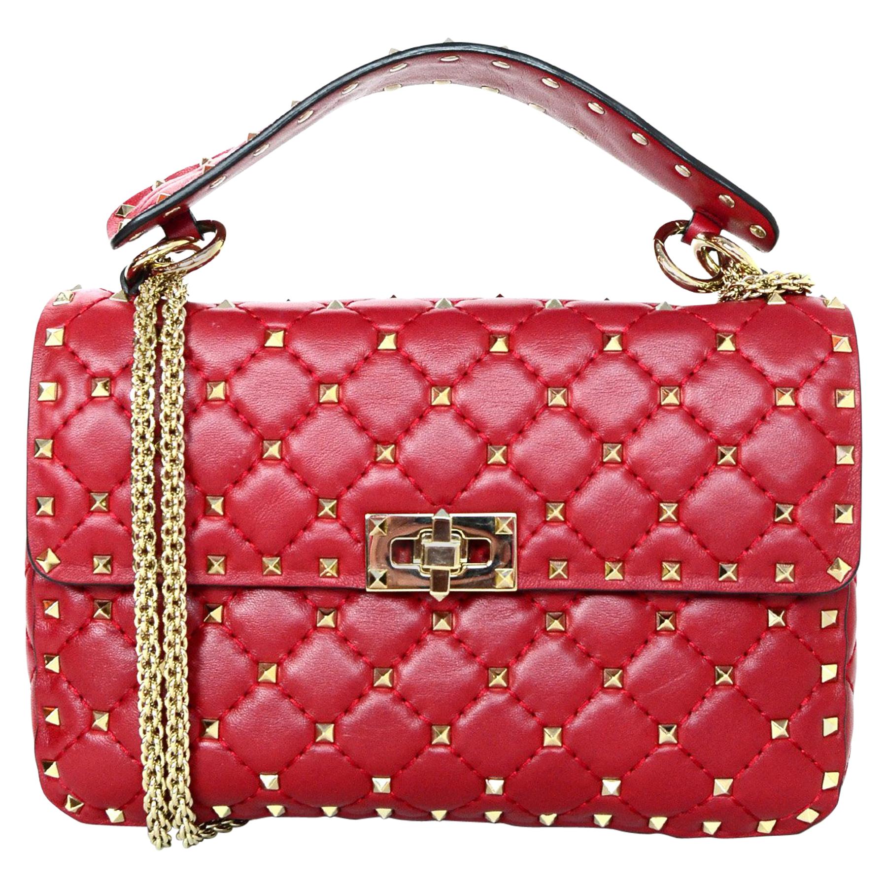 Valentino Red Leather Medium Goldtone Rockstud Spike Flap Bag 