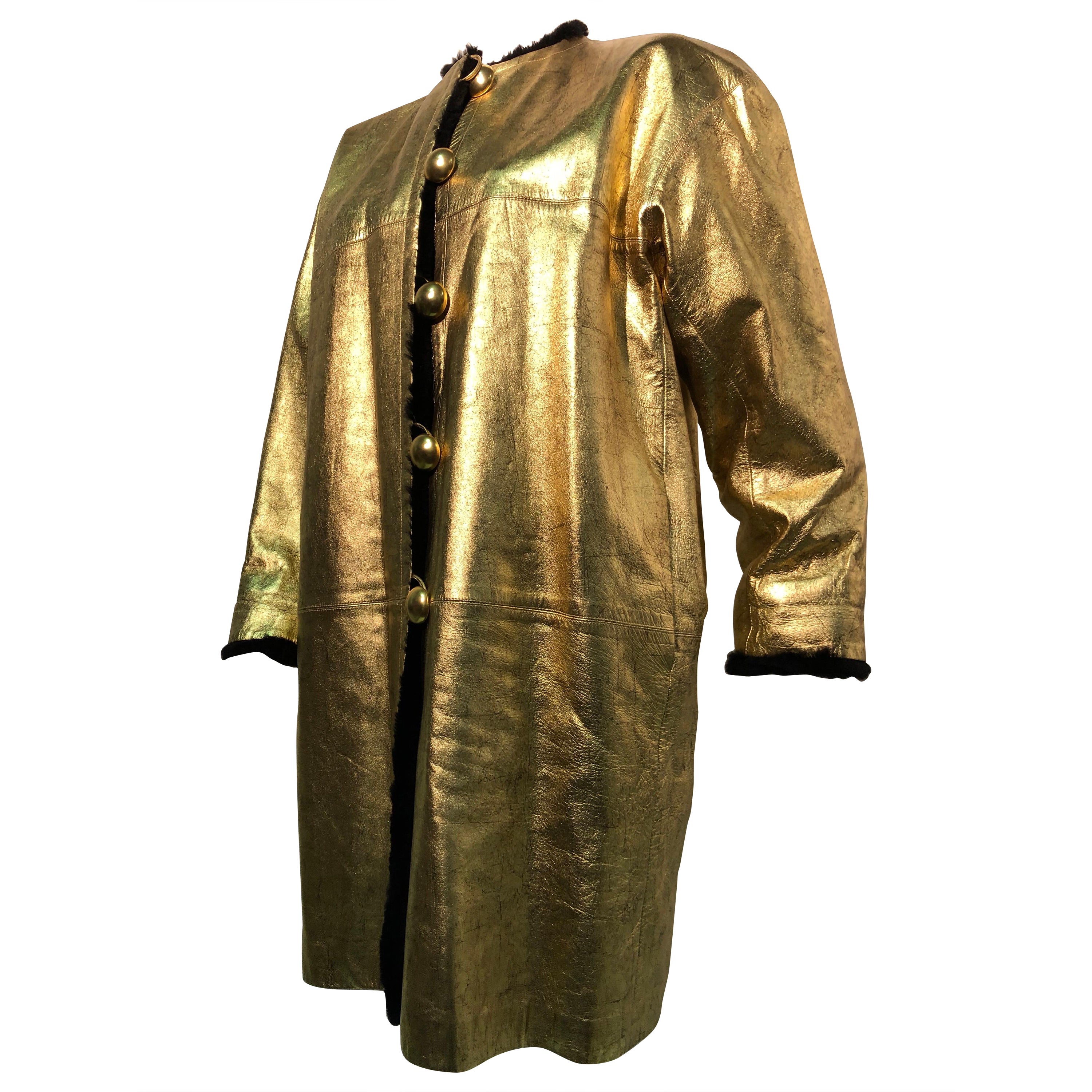 1980s Yves Saint Laurent Gold Leather Coat W/ Black Sheared Fur Interior  For Sale