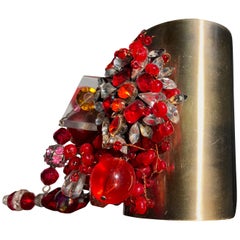 1970er Jahre Stil Vintage Breite Messing Manschette mit Vintage Rot Glas Perlen Fransen Cluster