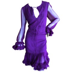 Tom Ford Sheer Purple Silk Chiffon Ruffle Trim Cocktail Dress w Keyhole Detail