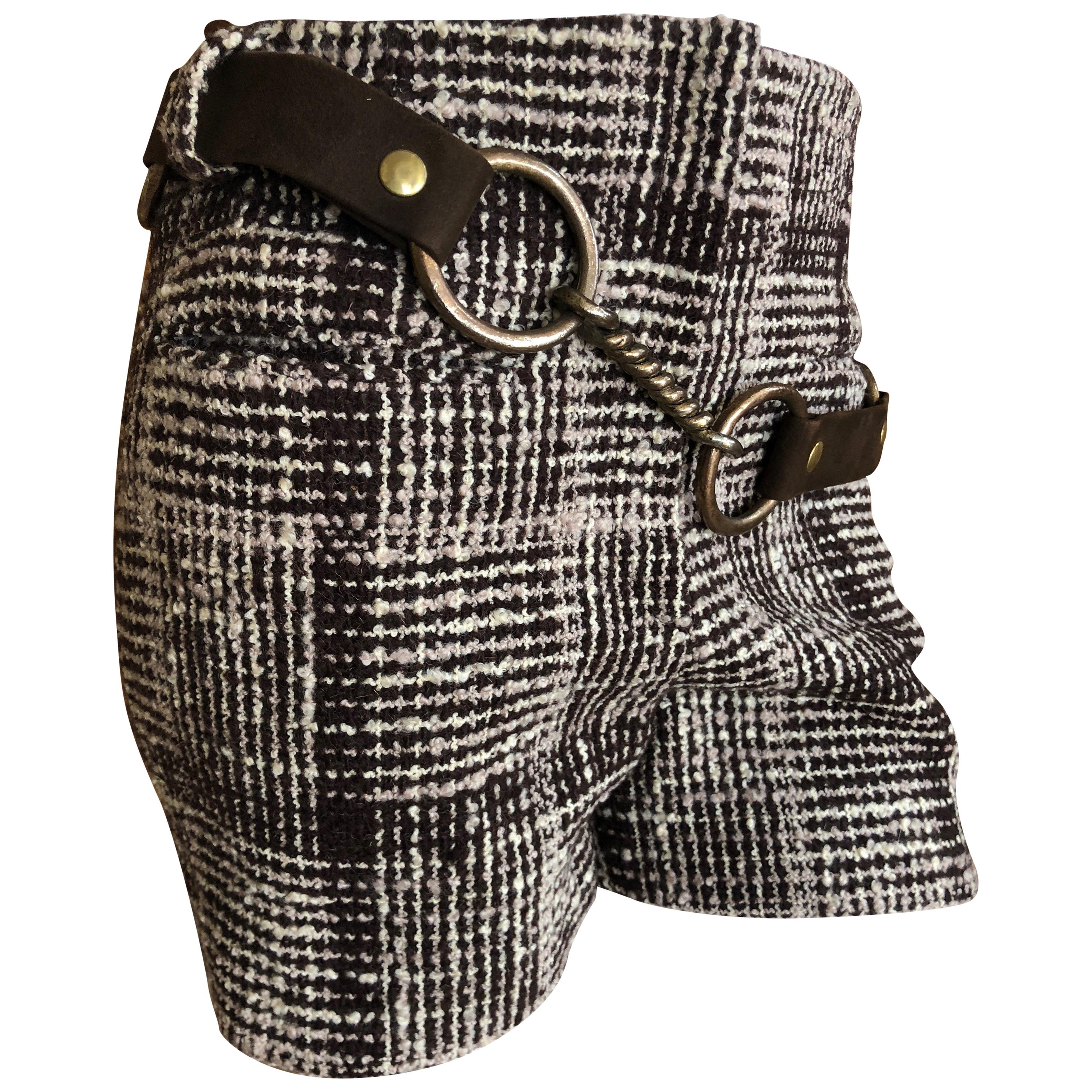Cardinali Silk Lined Plaid Tweed Hot Pants w Bold Brass Hardware Leather Belt  For Sale