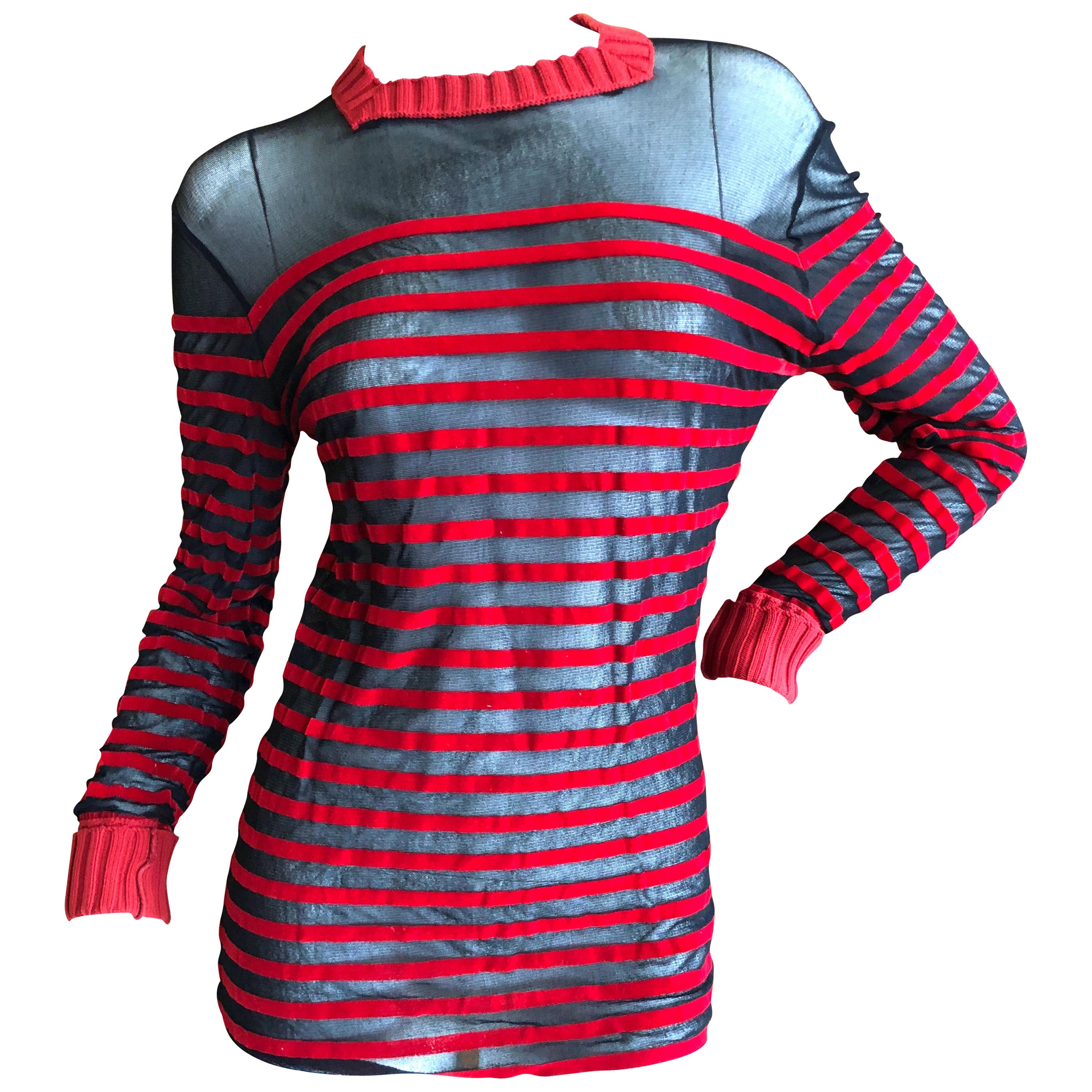 Jean Paul Gaultier Classique 1998 Sheer Velvet Stripe Sailor Shirt w Knit Detail For Sale
