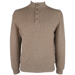LORO PIANA Size L Brown Heather Cashmere Button Mock Neck Sweater