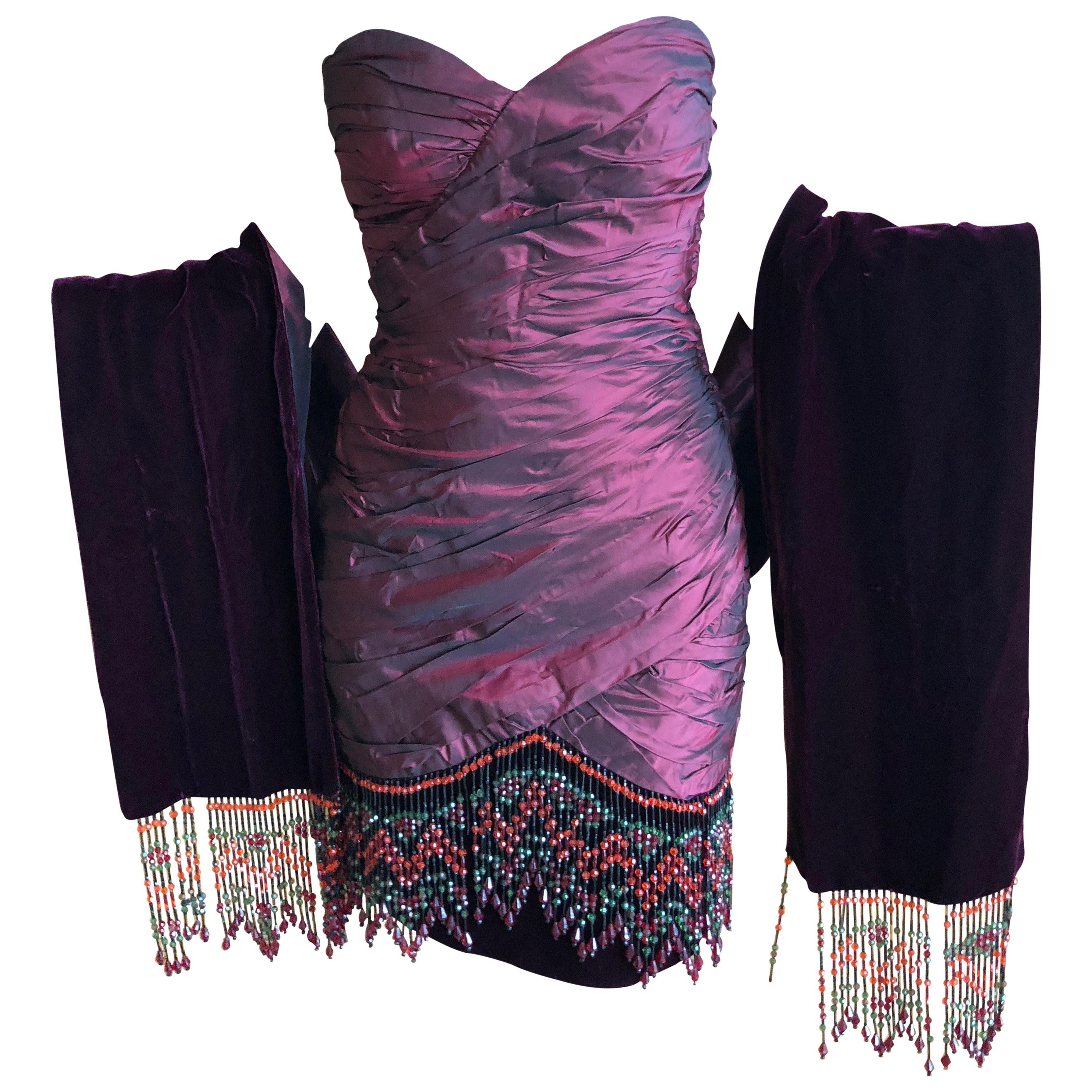 Bellville Sassoon Burgundy Silk Cocktail Dress w Beaded Fringe & Matching Shawl For Sale