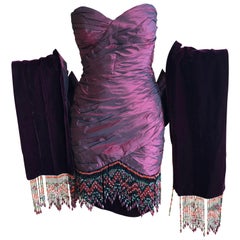 Bellville Sassoon Burgundy Silk Cocktail Dress w Beaded Fringe & Matching Shawl